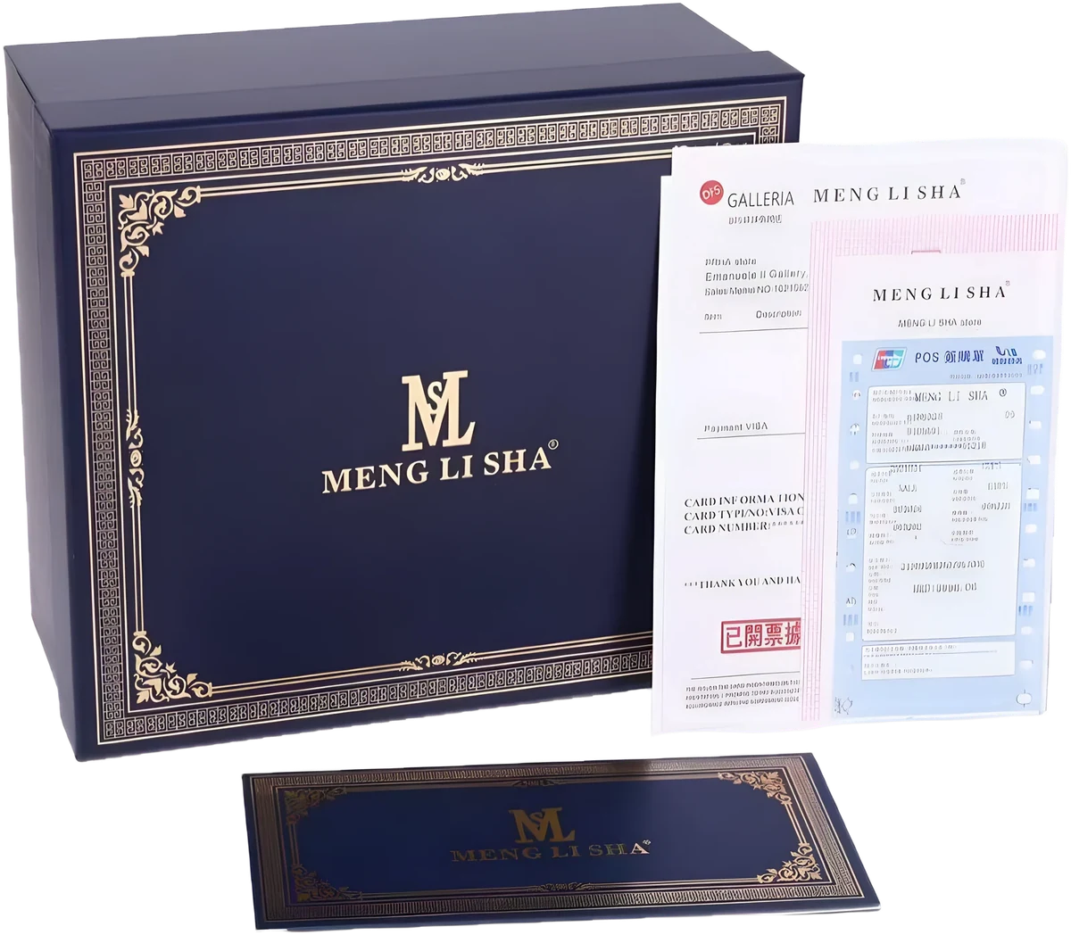 Navy gift box with a gold border and a matching card