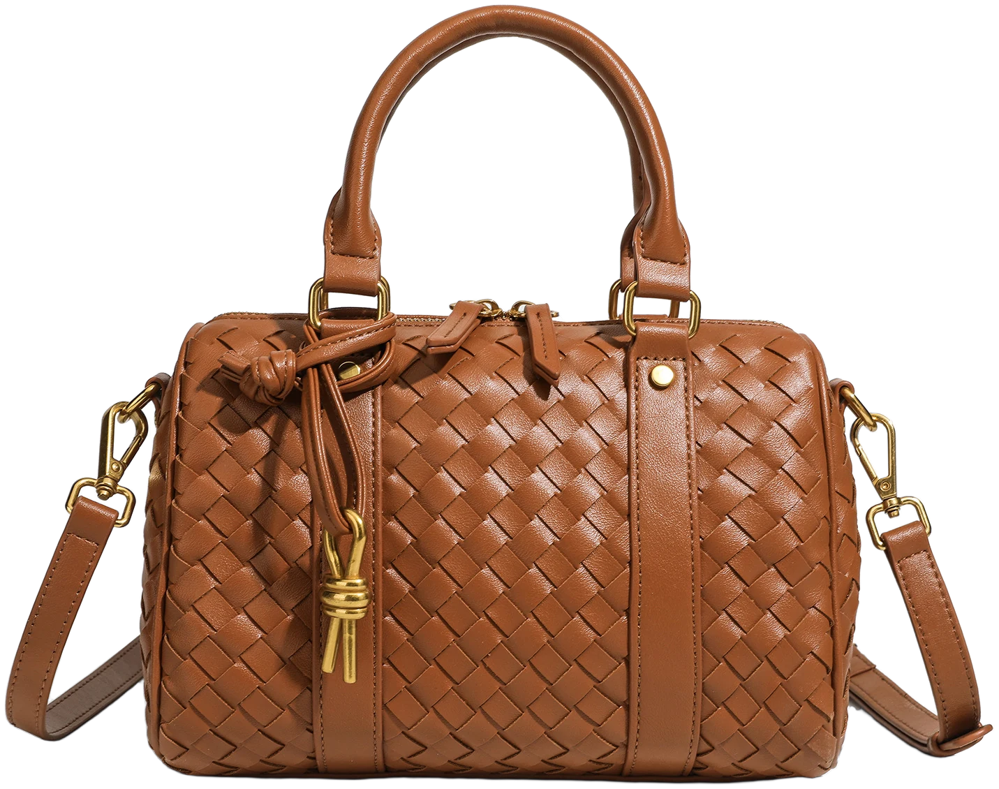 Woven Boston Bag, Caramel, Front